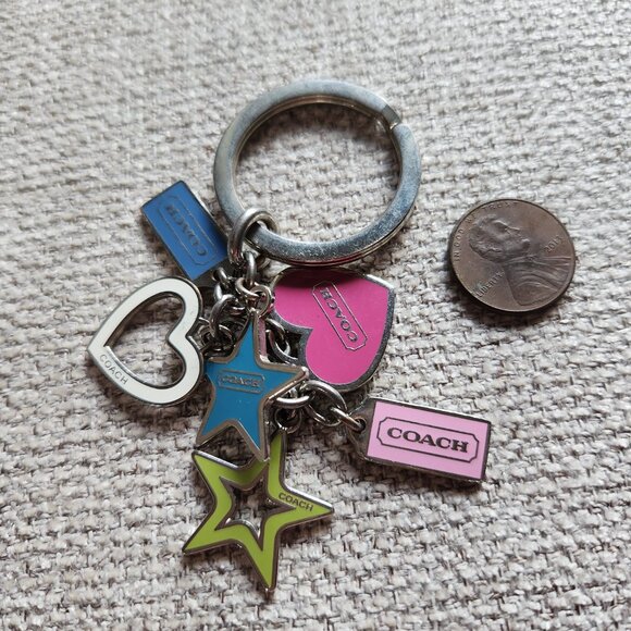 Coach bag charm keychain with enamel over silver tone stars, hearts and mini tag - Picture 4 of 4